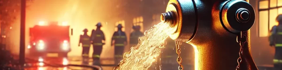 DALL·E 2024-10-31 13.09.58 - A hyper-realistic image of a fire hydrant in action with water flowing out in the foreground during a response to an apartment fire at night. The scen